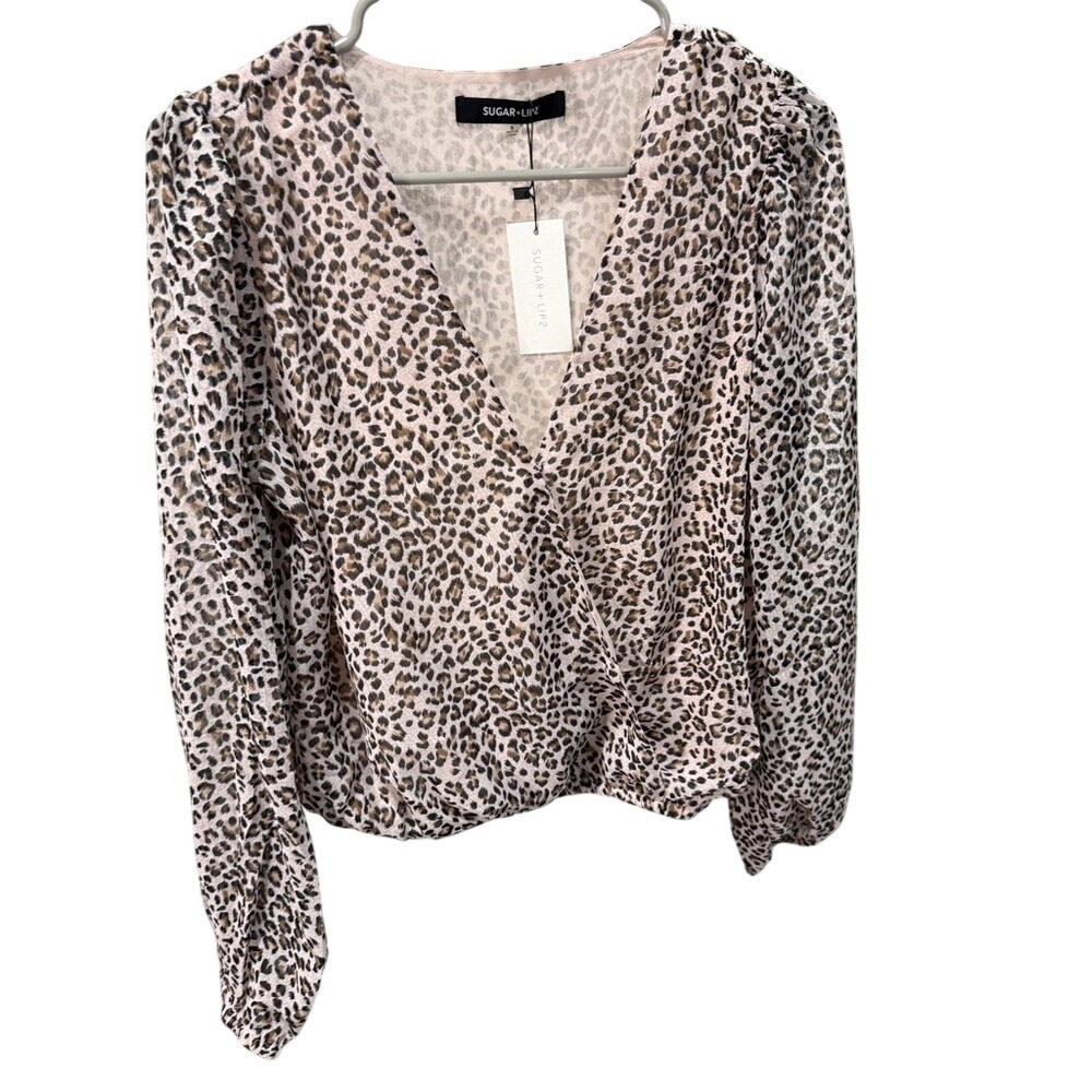 Sugar Lips Leopard Print‎ Surplice V-Neck Long Sleeve Blouse Small NWT